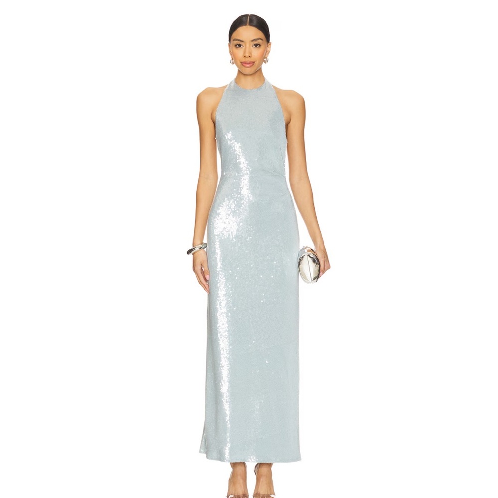 Elegant Mineral Blue Sequin Halter Gown